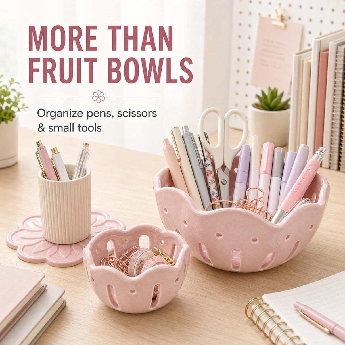 Ceramic Berry Bowls with Holes, Set of 2 Large and Small Berry Baskets with Non-Slip Flower Drip Mat, Fruit Colander for Rinsing, Draining, Serving, Kitchen Counter and Fridge Storage