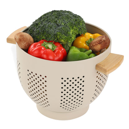 Metal Colander with Wood Handle and Stable Base, Powder Coated Steel Kitchen Strainer Basket for Draining Pasta, Vegetable and fruit(5.5quart,Matte Black)