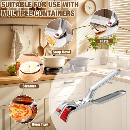 3Pcs Stainless Steel Hot Plate Gripper Tongs, Multi-Function Anti-Scald Bowl Clip, Kitchen Silicone Anti-Slip Heat Insulation Pplate Gripper, for Microwave, Pizza Pan, Toaster, Air Fryer, Oven
