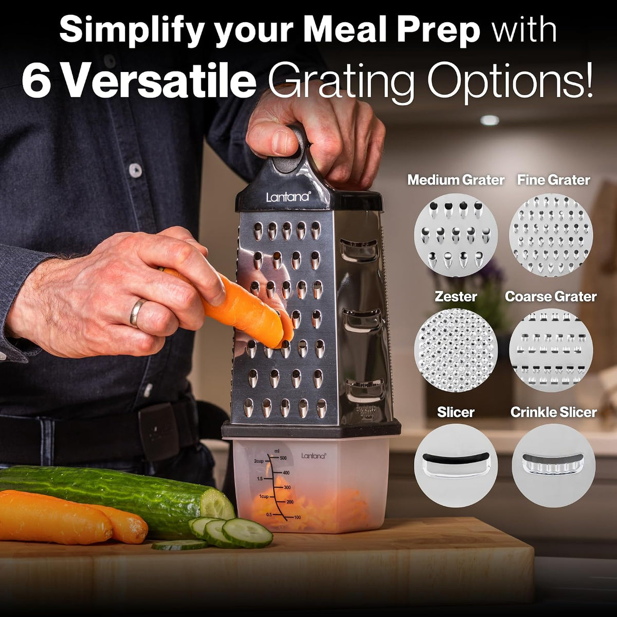 Lantana Cheese Grater with Container, Handheld Shredder, Zester (6 in 1)