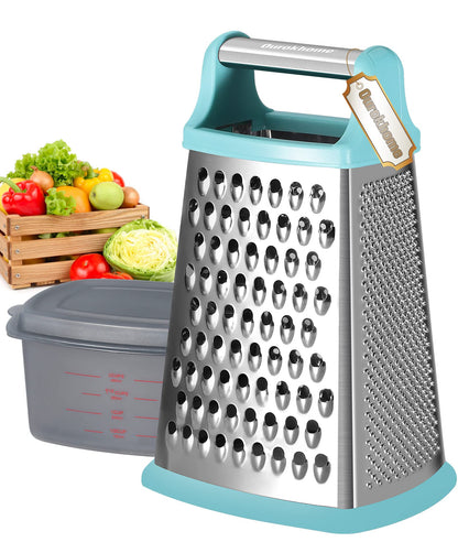 Ourokhome Cheese Grater, Handheld Box Grater with Container & Lid, 4-Sided Stainless Steel for Kitchen, Wavy Julienne, Slicer, Coarse Shred & Fine Zester, Non-Slip Base, Dishwasher Safe, 8 Inch