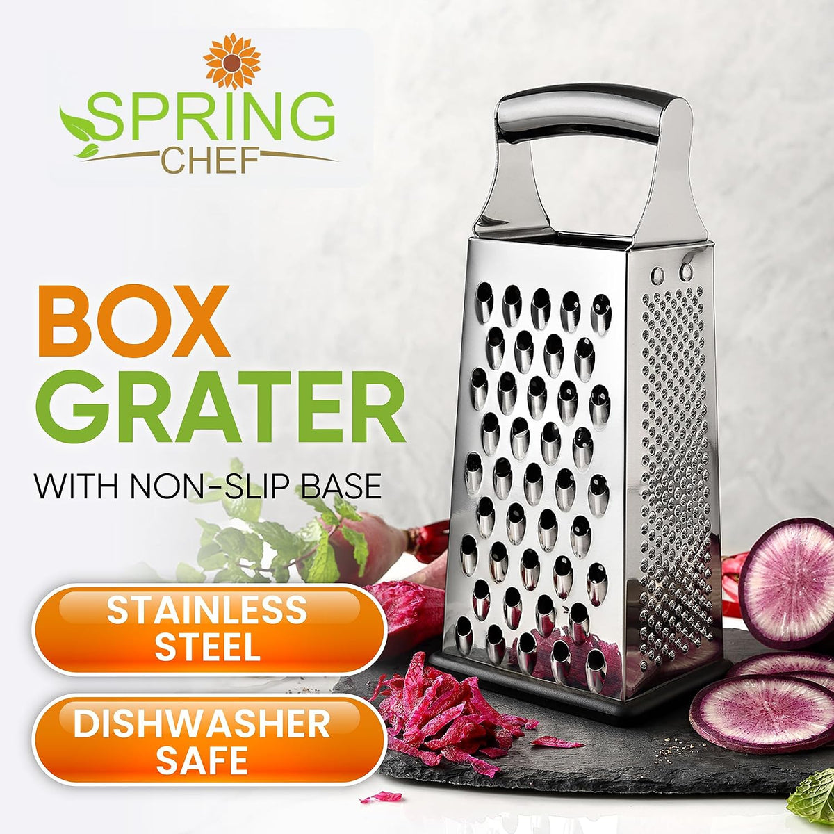 Spring Chef Stainless Steel Cheese Grater, Large Box Grater for Kitchen