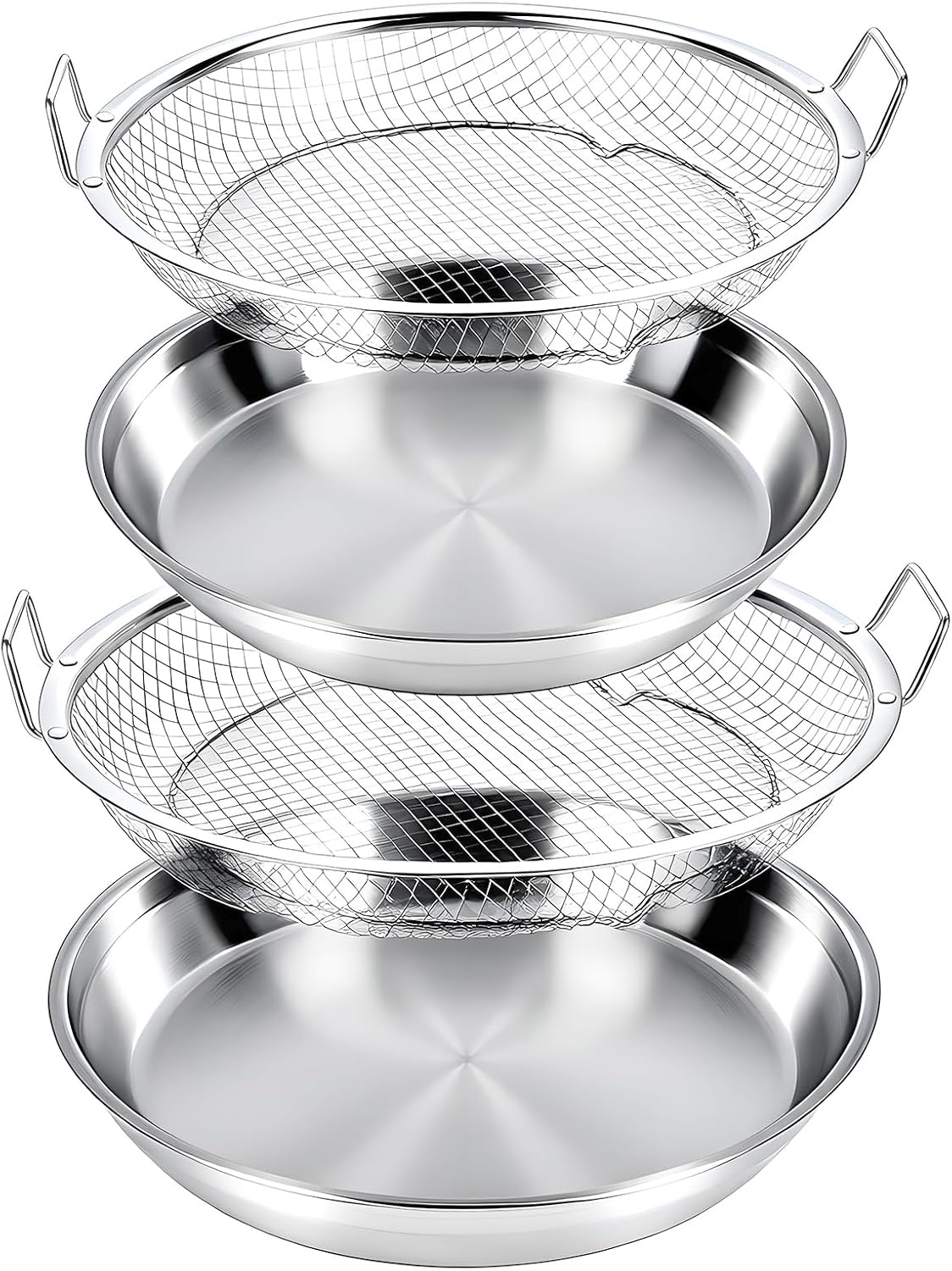 Stainless Steel Air Fryer Mesh Pan & Oil Filter Tray Set, 2 Pack Crisper