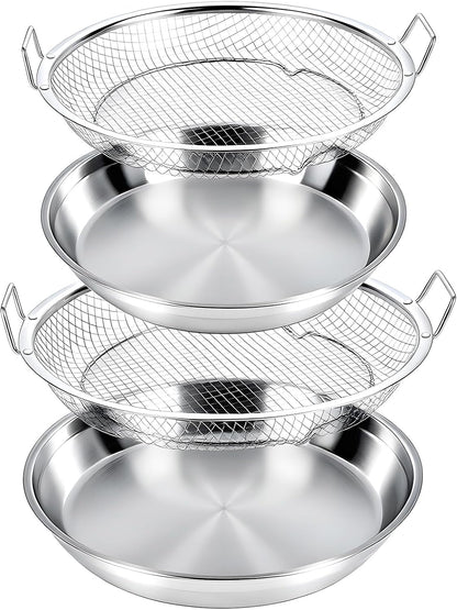 Stainless Steel Air Fryer Mesh Pan & Oil Filter Tray Set, 2 Pack Crisper
