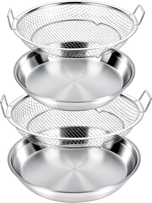 Stainless Steel Air Fryer Mesh Pan & Oil Filter Tray Set, 2 Pack Crisper