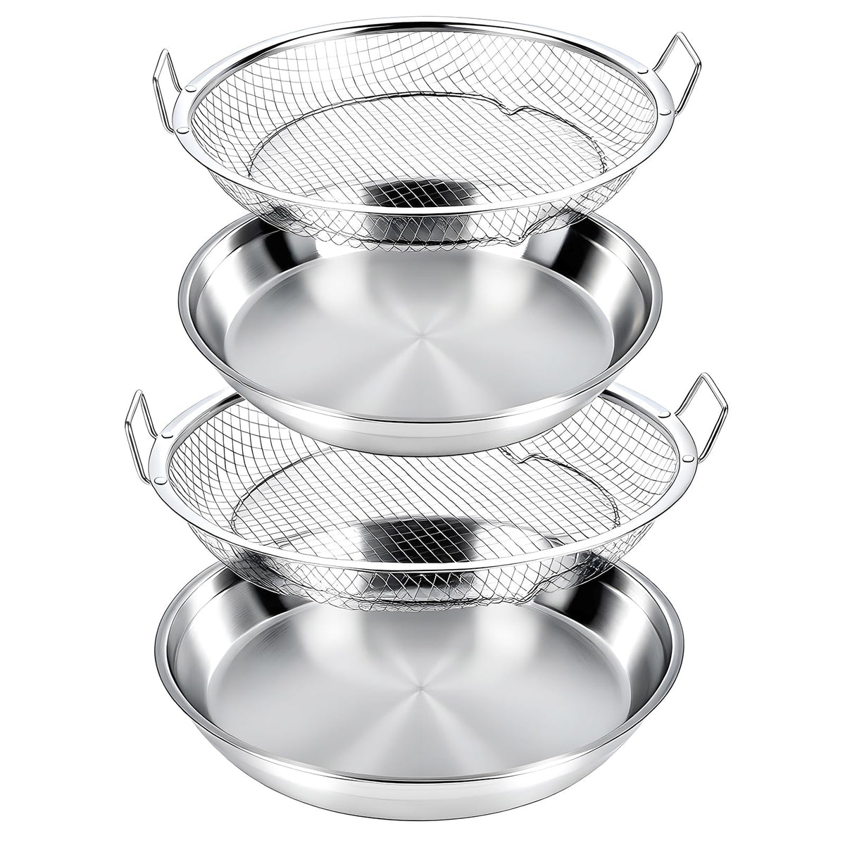 Stainless Steel Air Fryer Mesh Pan & Oil Filter Tray Set, 2 Pack Crisper