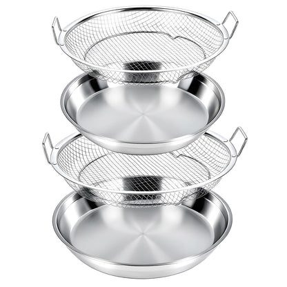Stainless Steel Air Fryer Mesh Pan & Oil Filter Tray Set, 2 Pack Crisper