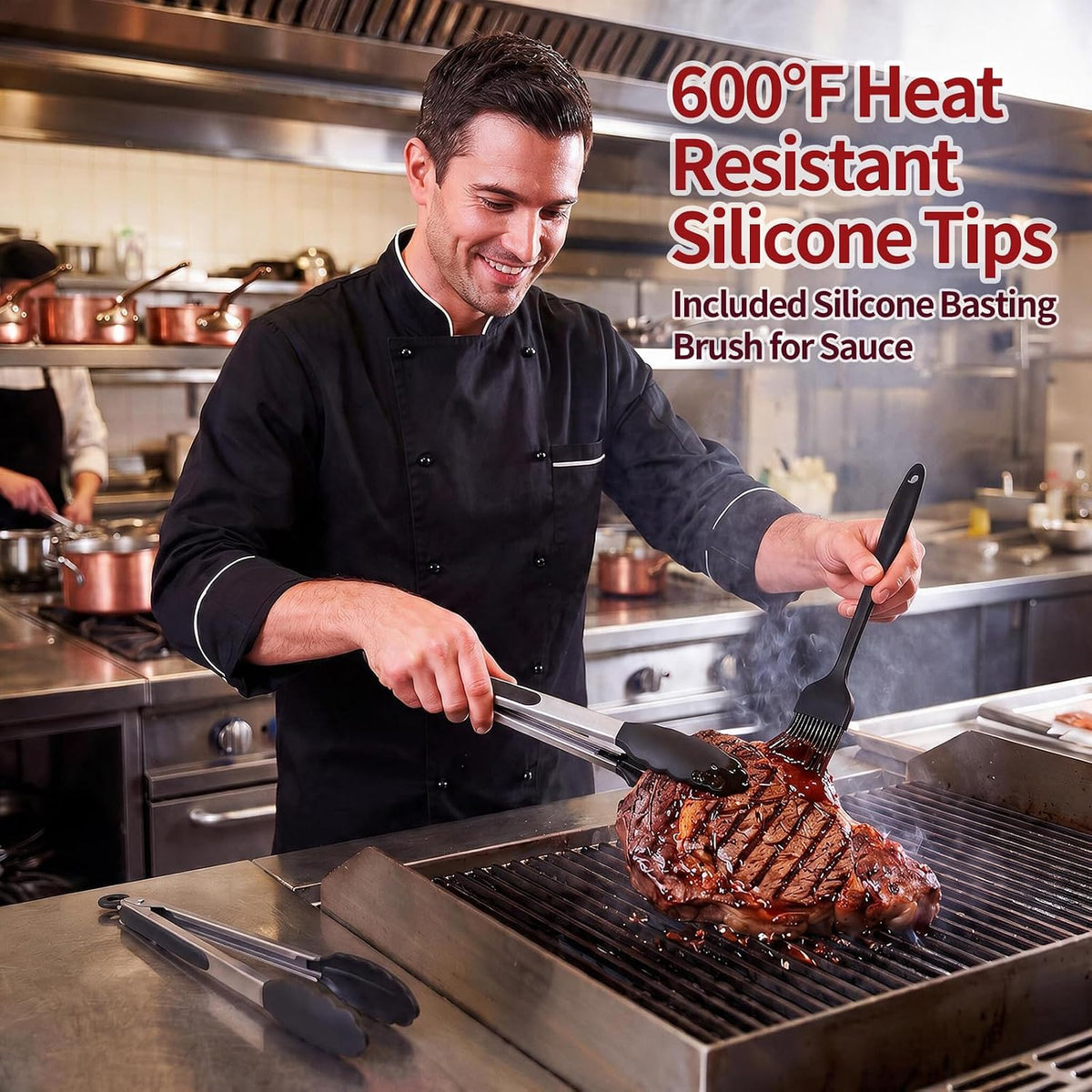 Kitchen Tongs with Silicone Tips, Cooking Tong Set 7/9/12 in and Oil Brush