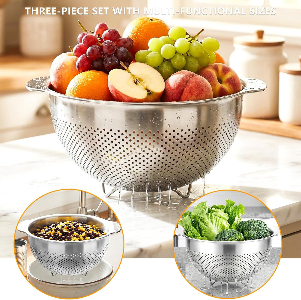 Stainless Steel Colander for Kitchen with Handle for Pasta (3QT)