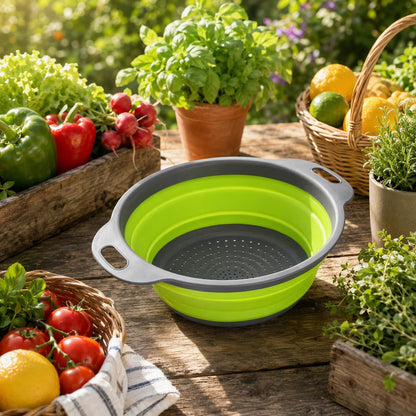 Qimh Collapsible Colander Set of 3 Round Silicone Kitchen Strainer Set - 2 pcs 4 Quart and 1 pcs 2 Quart- Perfect for Draining Pasta, Vegetable and fruit (green,blue, purple)