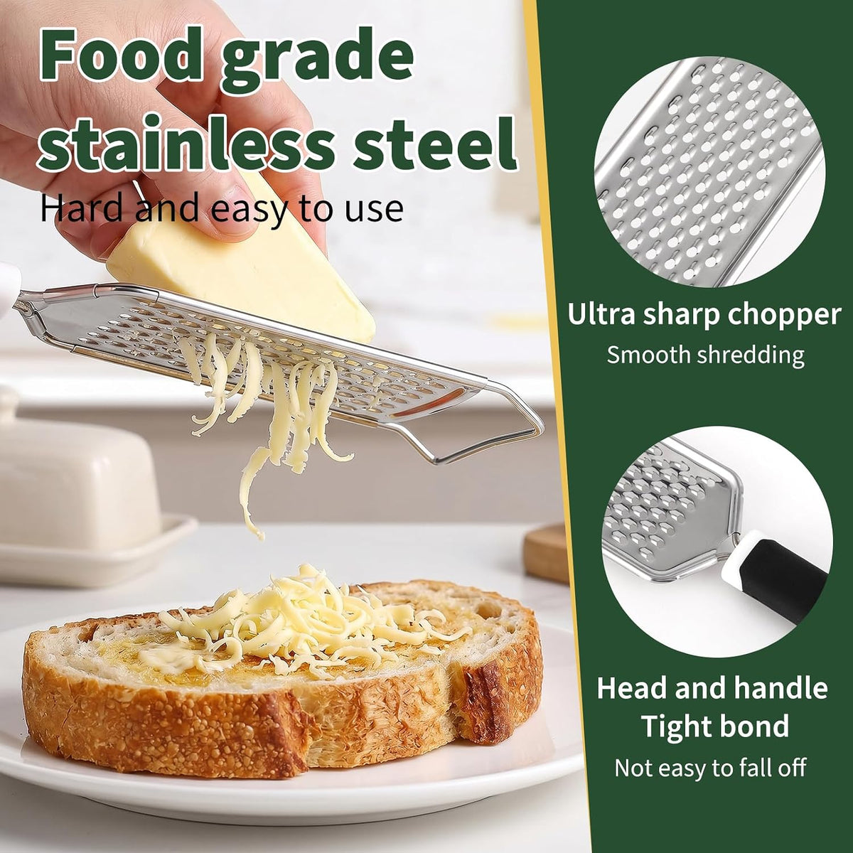 Butter Grater, Handheld Grater for Kitchen, Stainless Steel, Won't Rust, Non-Slip Handle, Durable Soft Grip, Flat Shredder for Cheese, Easy to Rinse, Works for Shredding Butter in Kitchen, Black