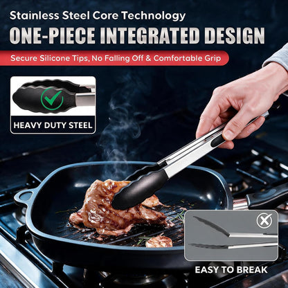 Kitchen Tongs with Silicone Tips, Cooking Tong Set 7/9/12 in and Oil Brush