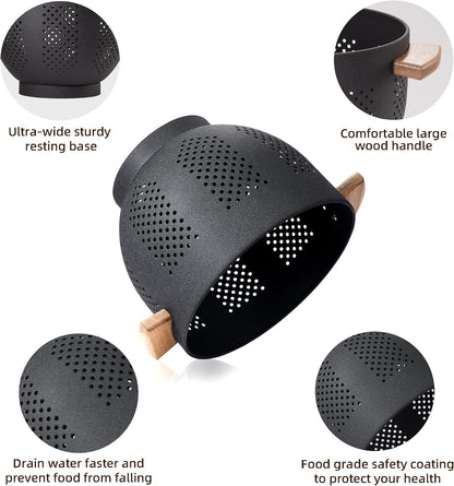 Metal Colander with Wood Handle and Stable Base, Powder Coated Steel Kitchen Strainer Basket for Draining Pasta, Vegetable and fruit(5.5quart,Matte Black)