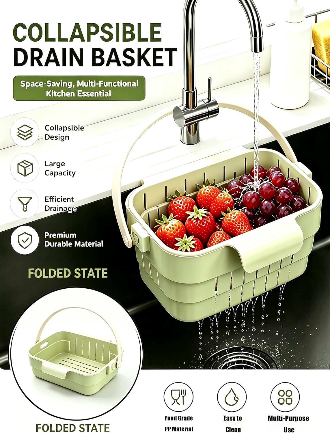 2pcsFoldable Hanging Sink Drain Basket, Fast-Draining, Detachable