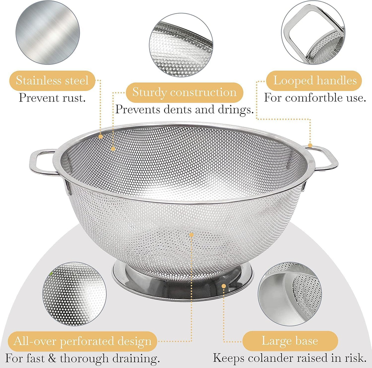 Bellemain Stainless Steel Colander for Kitchen, 5 Qt Pasta & Rice Strainer