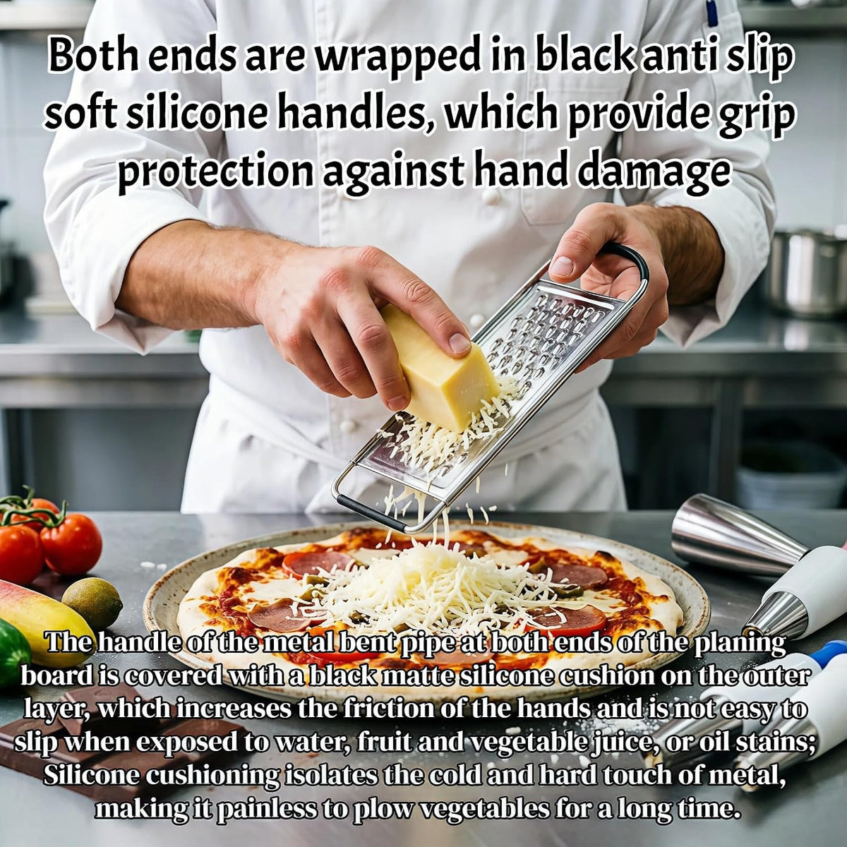 Flat Handheld Stainless Steel Cheese Grater, Non-Slip Ergonomic Handle Food Shredder, Multi Purpose Kitchen Slicer for Potato Vegetable Butter Chocolate Nuts, 1 Pack
