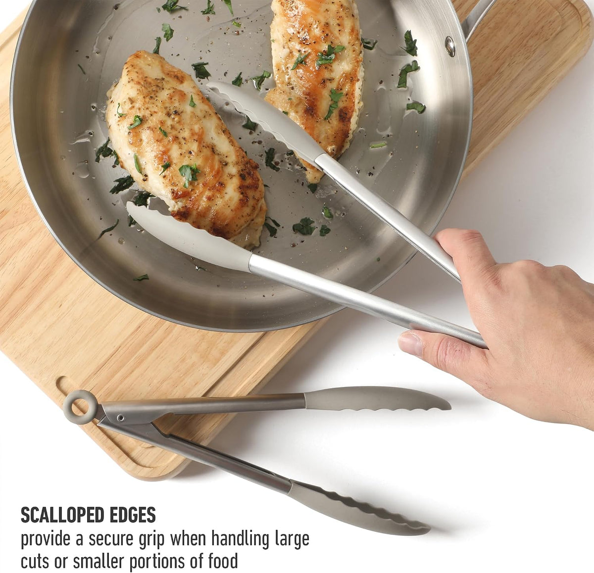 Calphalon Edge Tongs Set, 2-Piece Stainless Steel Kitchen Tongs Set with Silicone Heads, Includes 9-Inch & 12-Inch Heat-Resistant Locking Tongs for Cooking, Grilling & Serving, Taupe