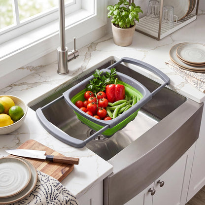 Qimh Colander collapsible, Colander Strainer Over The Sink Vegetable Fruit Strainer Basket (6 Quart) with Extendable Handles, New Kitchen Essentials