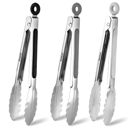 Anaeat Non-Stick Silicone Locking Tong Set of 3 - Stainless Steel 7", 9", 12" Kitchen Food Tongs with Non-Slip Silicone Tips and Grip for Cooking, Baking and BBQ - Heat Resistant up to 480°F (Black)