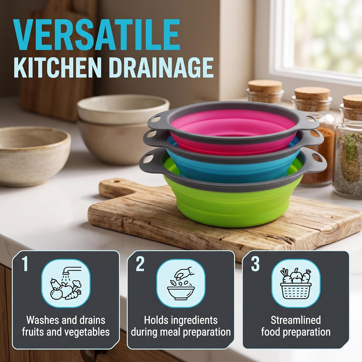 Qimh Collapsible Colander Set of 3 Round Silicone Kitchen Strainer Set - 2 pcs 4 Quart and 1 pcs 2 Quart- Perfect for Draining Pasta, Vegetable and fruit (green,blue, purple)