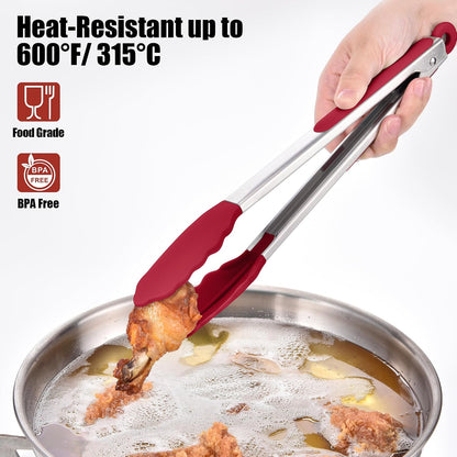Doosu Kitchen Tongs with Silicone Tips for Cooking Serving (9+12in, Red)