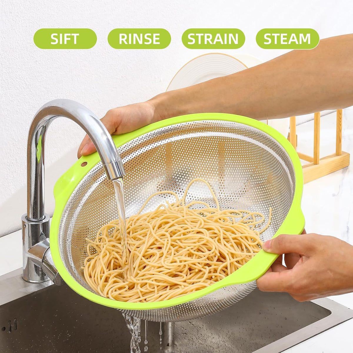 Colander Stainless Steel Microporous, 4QT Large Capacity Rice Strainer with Mixing Bowl, Rice Washing Bowl Set with Handle, Food-Grade Strainers and Colanders for Kitchen, Dishwasher Safe