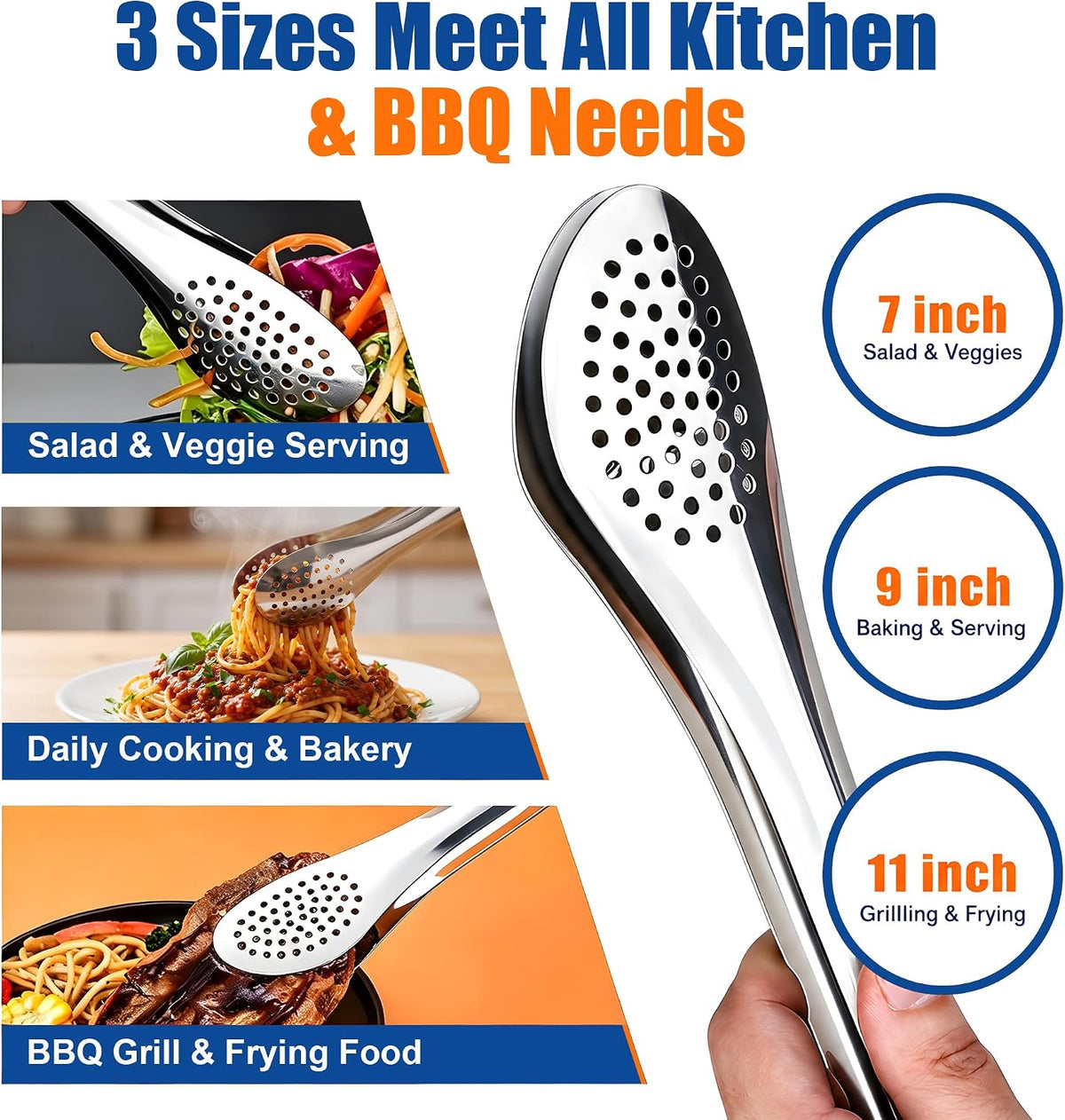 TOPULORS 3-Pack 7/9/11in 304 Stainless Steel Kitchen Food Serving Tongs