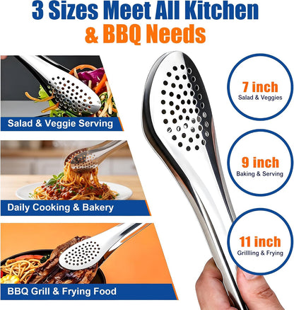 TOPULORS 3-Pack 7/9/11in 304 Stainless Steel Kitchen Food Serving Tongs