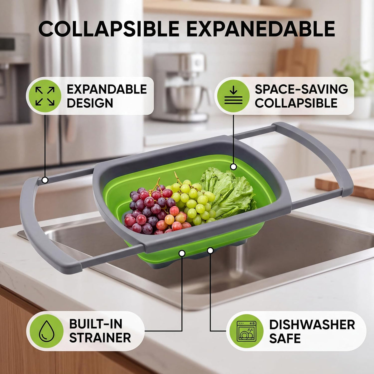 Qimh Colander collapsible, Colander Strainer Over The Sink Vegetable Fruit Strainer Basket (6 Quart) with Extendable Handles, New Kitchen Essentials
