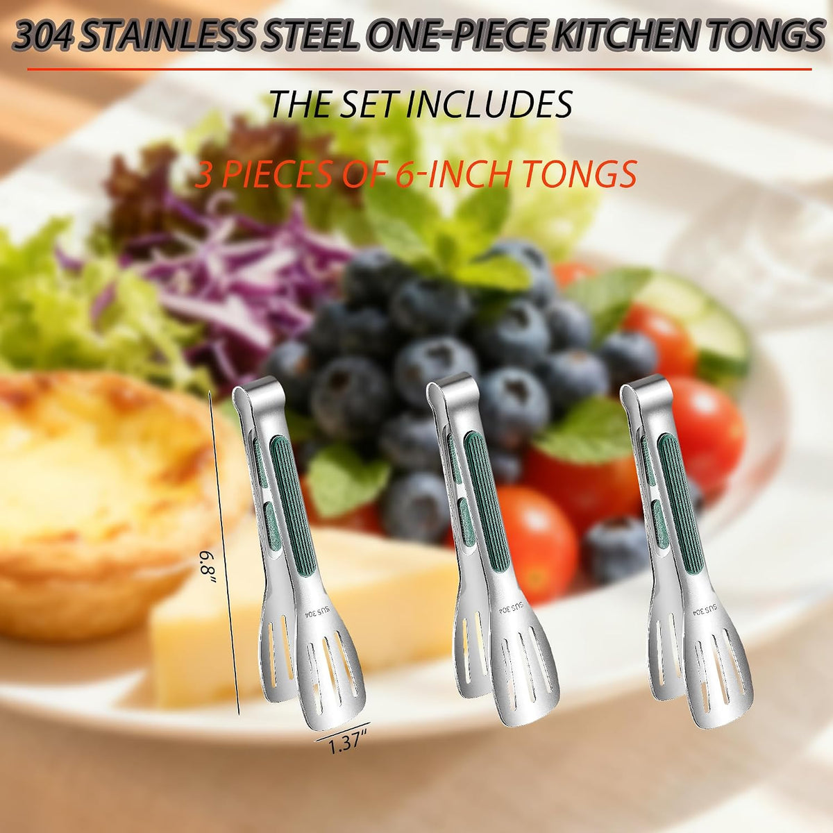 Stainless Steel Kitchen Tong Set - Anti-Slip Heat-Resistant Grip, Widened 3-Line Slotted Heads for Easy Clamping (Steaks, BBQ, Pasta, Salads), Easy Clean for Versatile Use Set of 3-6", Green