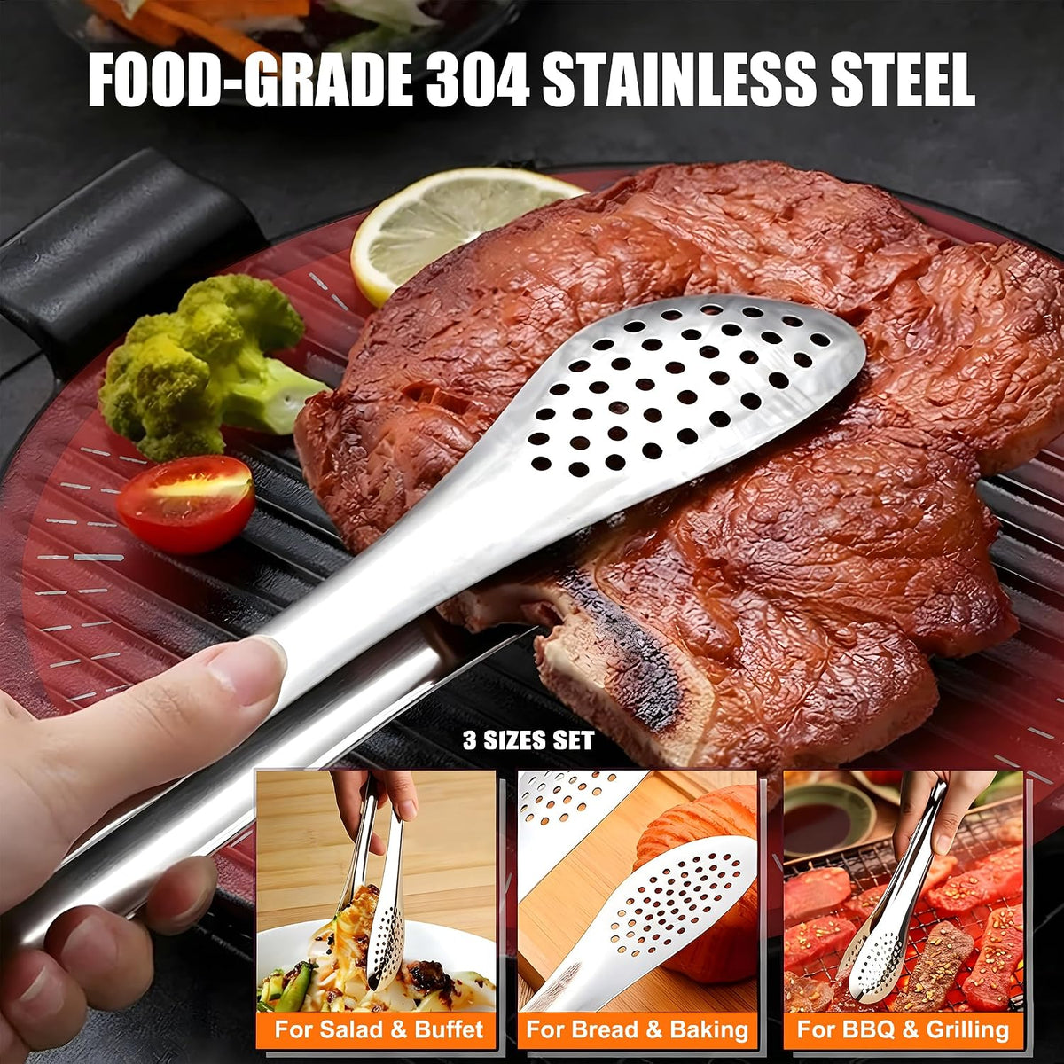 TOPULORS 3-Pack 7/9/11in 304 Stainless Steel Kitchen Food Serving Tongs