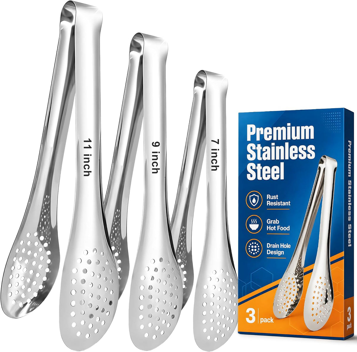 TOPULORS 3-Pack 7/9/11in 304 Stainless Steel Kitchen Food Serving Tongs