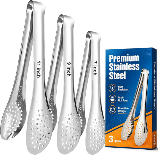 TOPULORS 3-Pack 7/9/11in 304 Stainless Steel Kitchen Food Serving Tongs