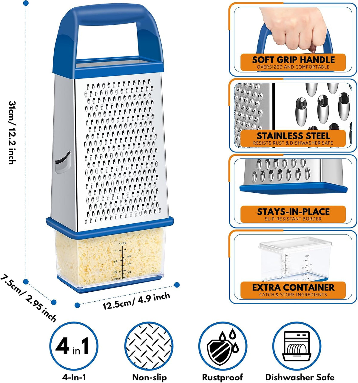 Cheese Grater With Container Box Grater Stainless Steel Kitchen Dark Blue