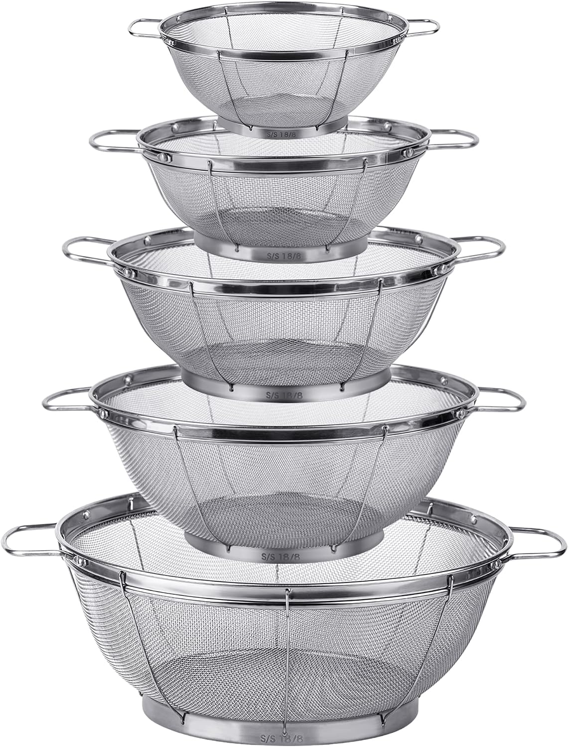 5 Pack 18/8 Stainless Steel Colander Sieves, Multi Size Mesh Strainer Net Baskets with Handles & Resting Base for Strain, Drain, Rinse or Steam