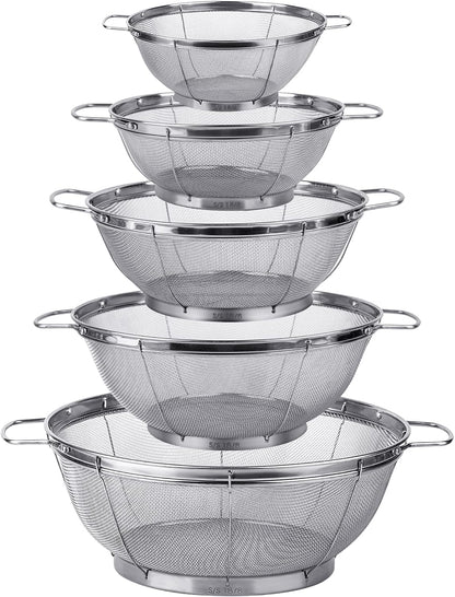 5 Pack 18/8 Stainless Steel Colander Sieves, Multi Size Mesh Strainer Net Baskets with Handles & Resting Base for Strain, Drain, Rinse or Steam