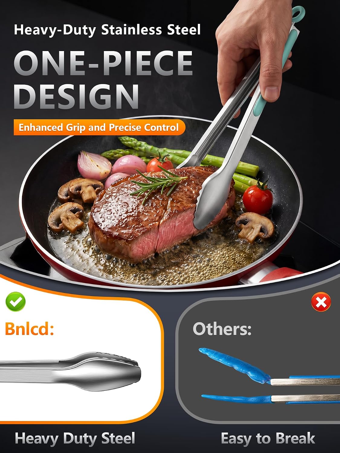 Stainless Steel Kitchen Tongs with Teeth Good Grip, Set of 3 Aqua Sky