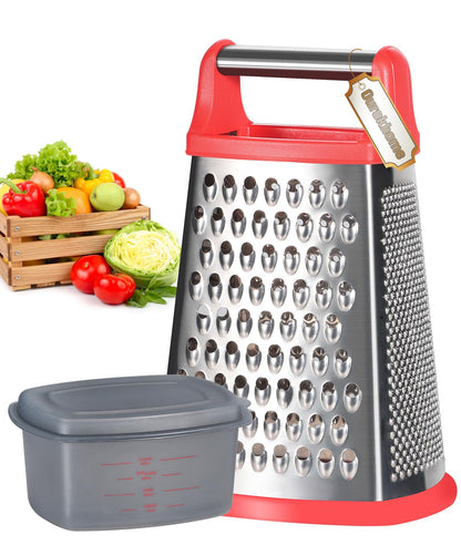 Ourokhome Cheese Grater, Handheld Box Grater with Container & Lid, 4-Sided Stainless Steel for Kitchen, Wavy Julienne, Slicer, Coarse Shred & Fine Zester, Non-Slip Base, Dishwasher Safe, 8 Inch
