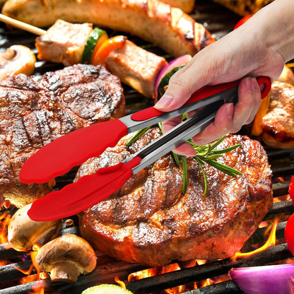 Premium Stainless Steel Heat Resistant Kitchen Tongs for cooking,set of 9" and 12" (Red),Non Scratch Silicone cooking Tong Tip for Cooking Pans,Strong Grip BBQ tongs for Grabbing Hot Food