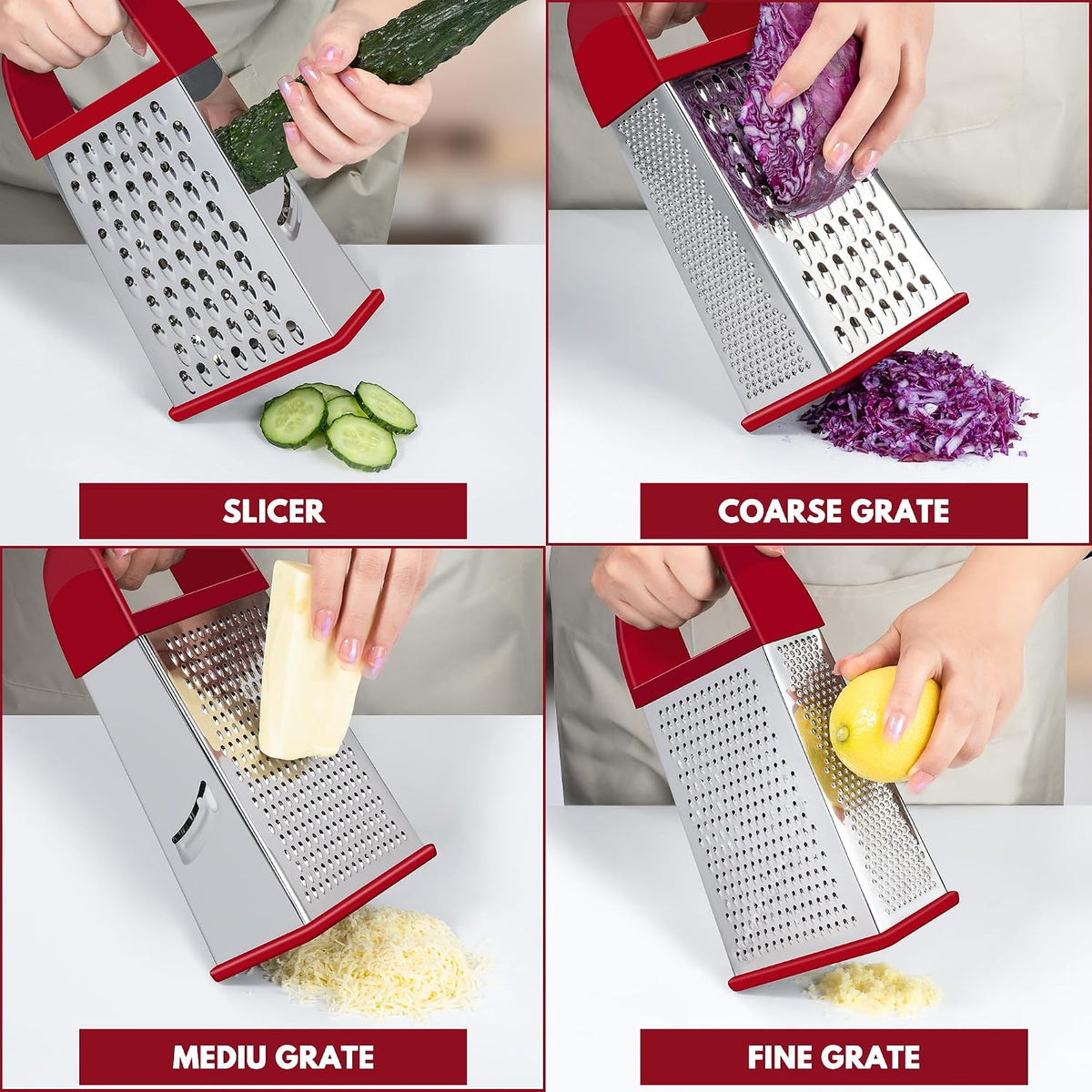 Urbanstrive Cheese Grater With Container, Professional Cheese Grater with Handle, Stainless Steel Graters for Kitchen Handheld, Box Grater with 4 Sides for Vegetables, Ginger, Potatoes (Red)