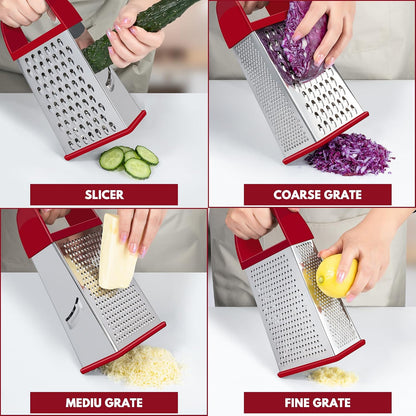 Urbanstrive Cheese Grater With Container, Professional Cheese Grater with Handle, Stainless Steel Graters for Kitchen Handheld, Box Grater with 4 Sides for Vegetables, Ginger, Potatoes (Red)