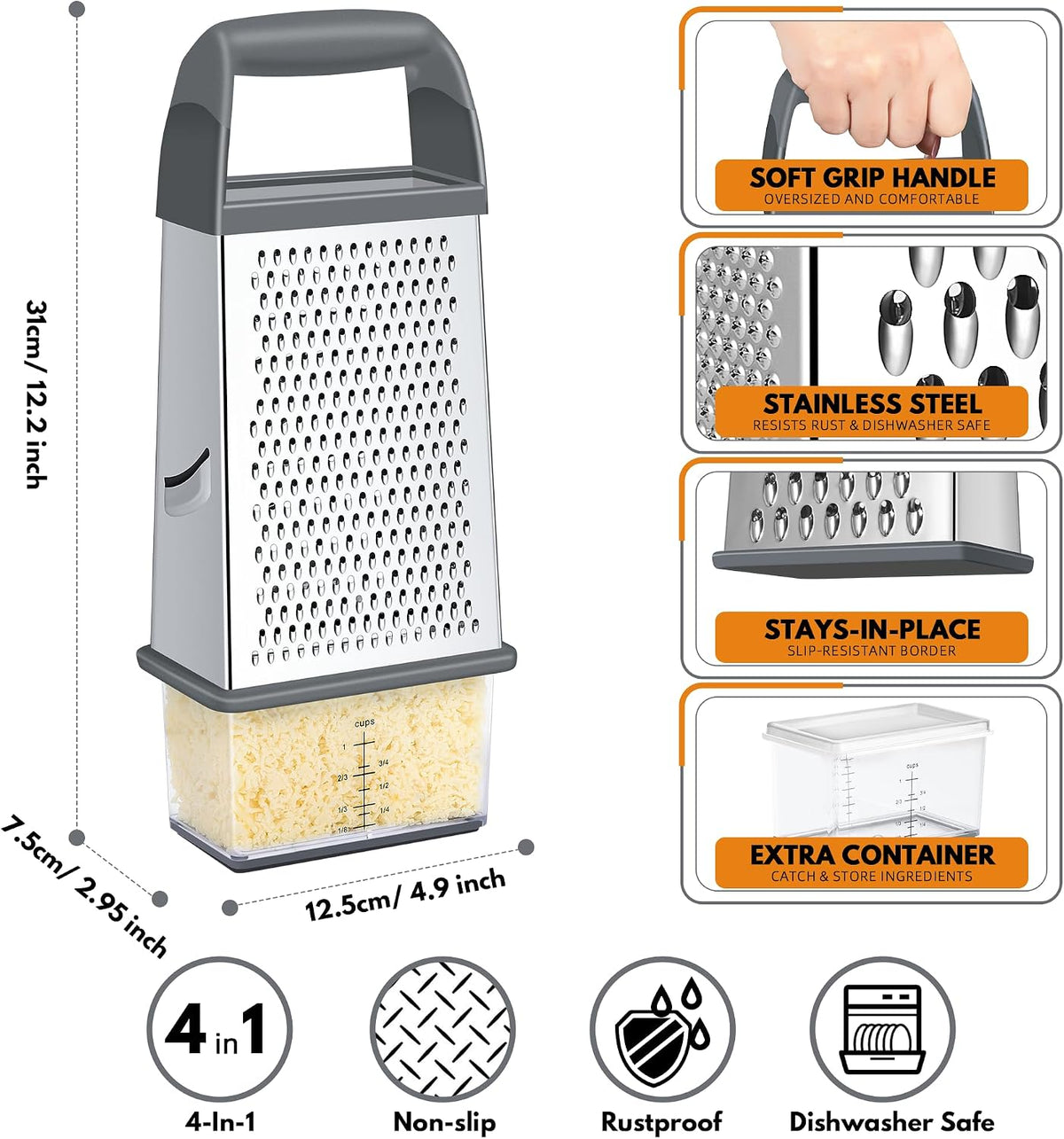 Cheese Grater With Container Box Grater Stainless Steel Kitchen Grey