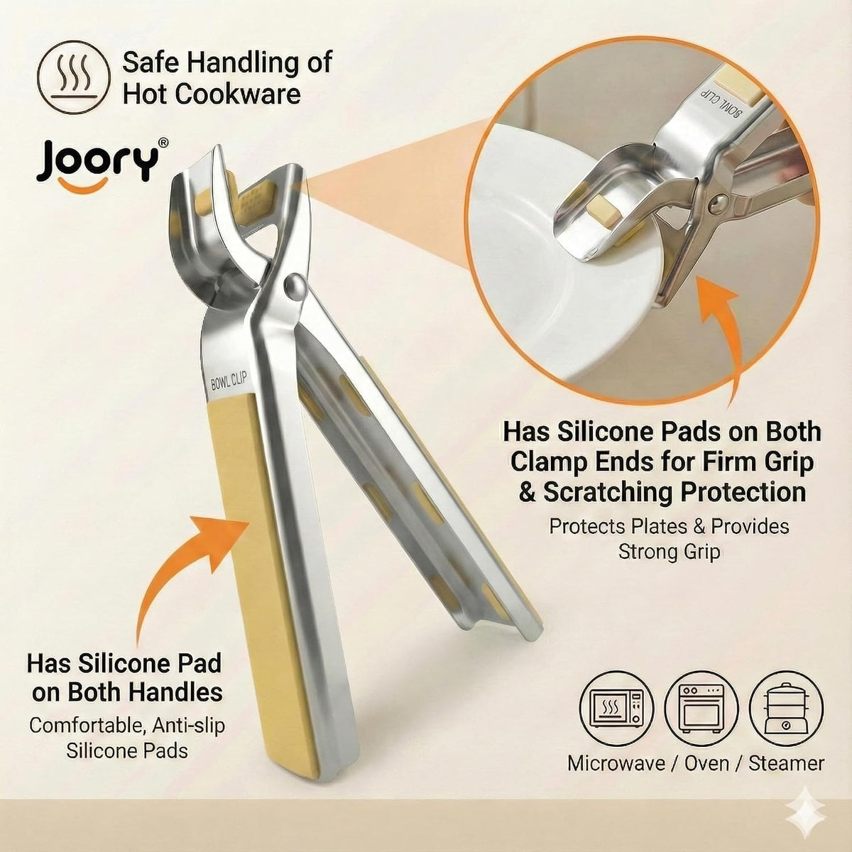 Heavy Duty Stainless Steel Hot Plate Gripper Tongs with Non-Slip Silicone Pads | Multi-Angle Anti-Scald Pan Grabber | Microwaves & Air Fryer Accessories | Rust, Heat Resistant Pot Clamp for Hot Dishes