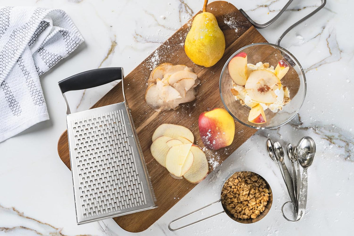 Cuisipro Stainless Steel Cheese Grater with Handle, 4 Sided Box Grater for Kitchen, Ginger Grater Dishwasher Safe, Fruit and Vegetables Slicer, Cheese Shredder for Potato, Chocolate, Parmesan, Ginger