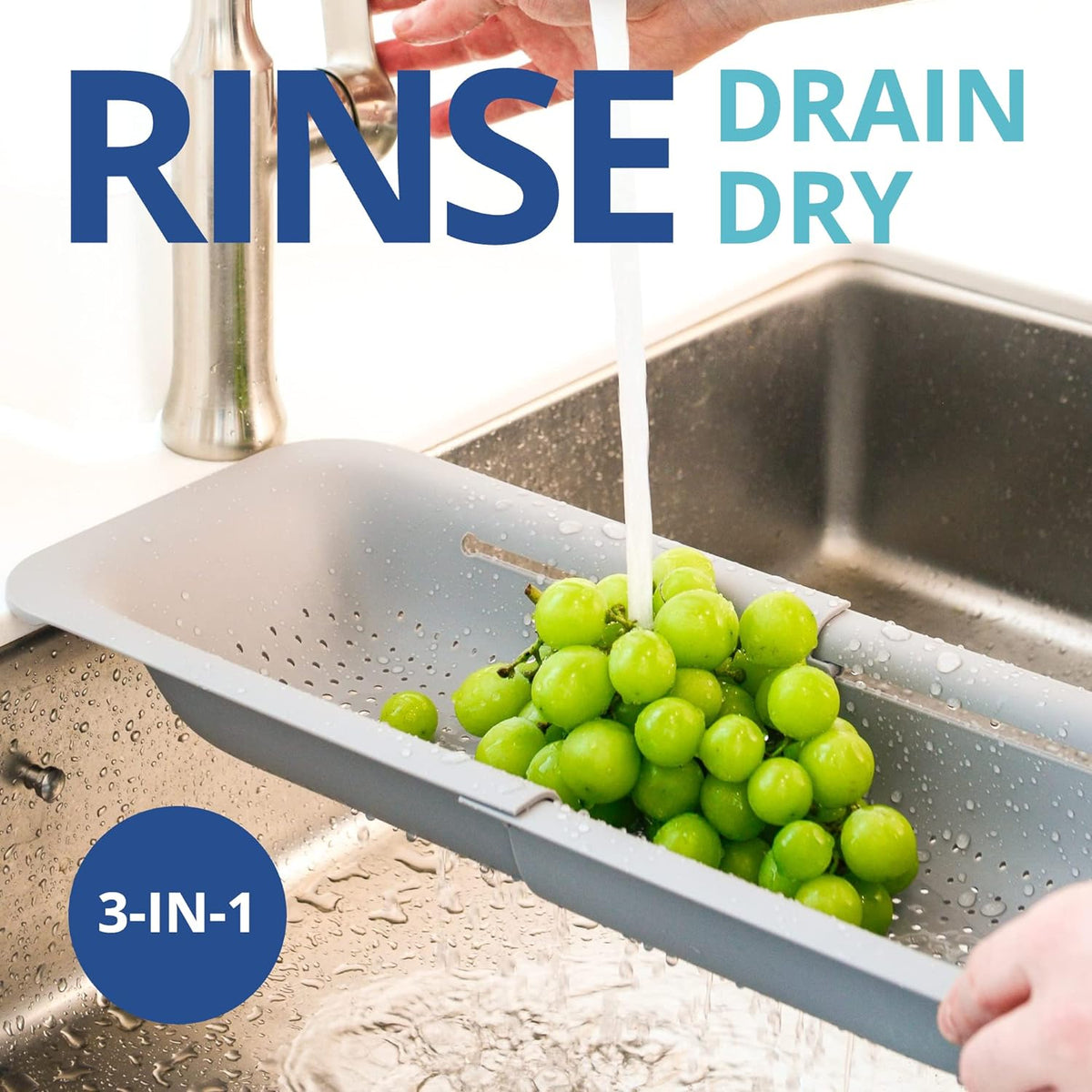 Blue Ginkgo Over Sink Colander, Extendable Kitchen Strainer, Grey