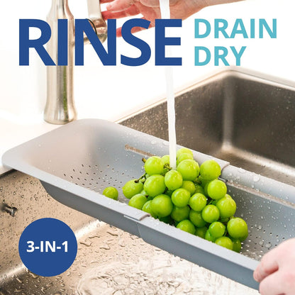 Blue Ginkgo Over Sink Colander, Extendable Kitchen Strainer, Grey