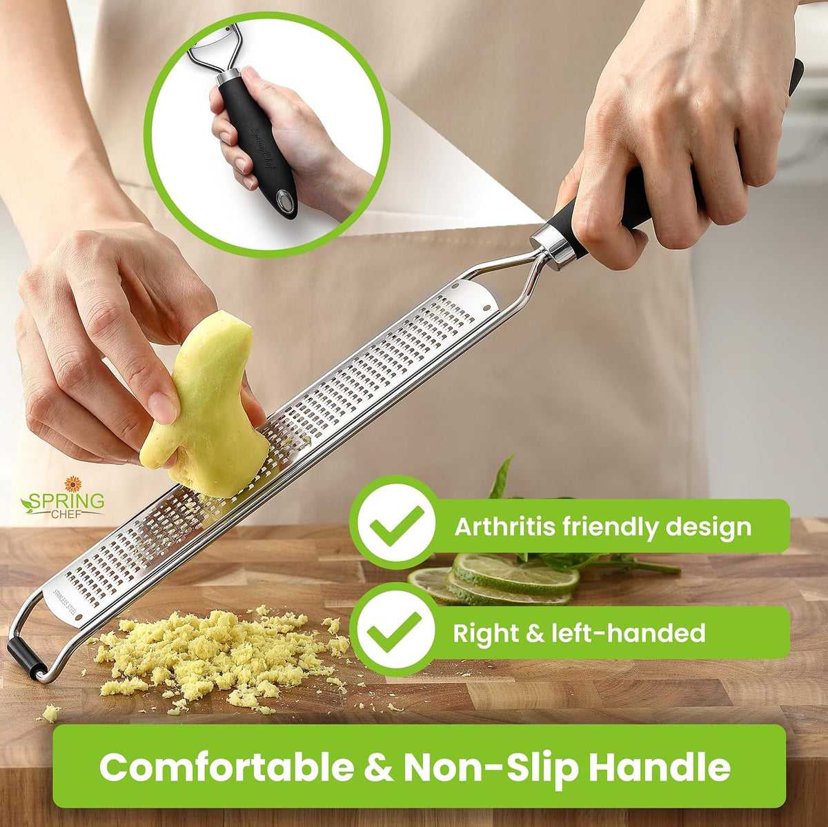 Spring Chef Stainless Steel Lemon Zester - Garlic & Ginger Grater - Black