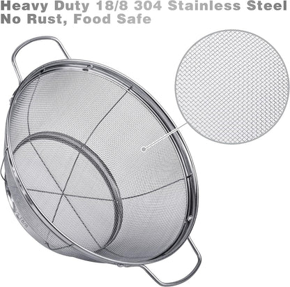 3 Pack 18/8 Stainless Steel Colander Sieves(5-Quart, 4-Quart and 3-Quart), Mesh Strainer Net Baskets with Handles & Resting Base for Strain, Drain, Rinse or Steam