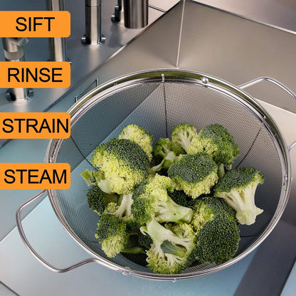 3 Pack 18/8 Stainless Steel Colander Sieves(5-Quart, 4-Quart and 3-Quart), Mesh Strainer Net Baskets with Handles & Resting Base for Strain, Drain, Rinse or Steam