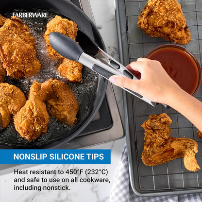 Farberware Pro 9 Inch Silicone Head Locking Kitchen Tongs for Cooking - Ergonomic Grip, Scalloped Tips, Heat Safe to 450F - Dishwasher Safe Cooking Tongs for Grilling, Serving, and Everyday Use